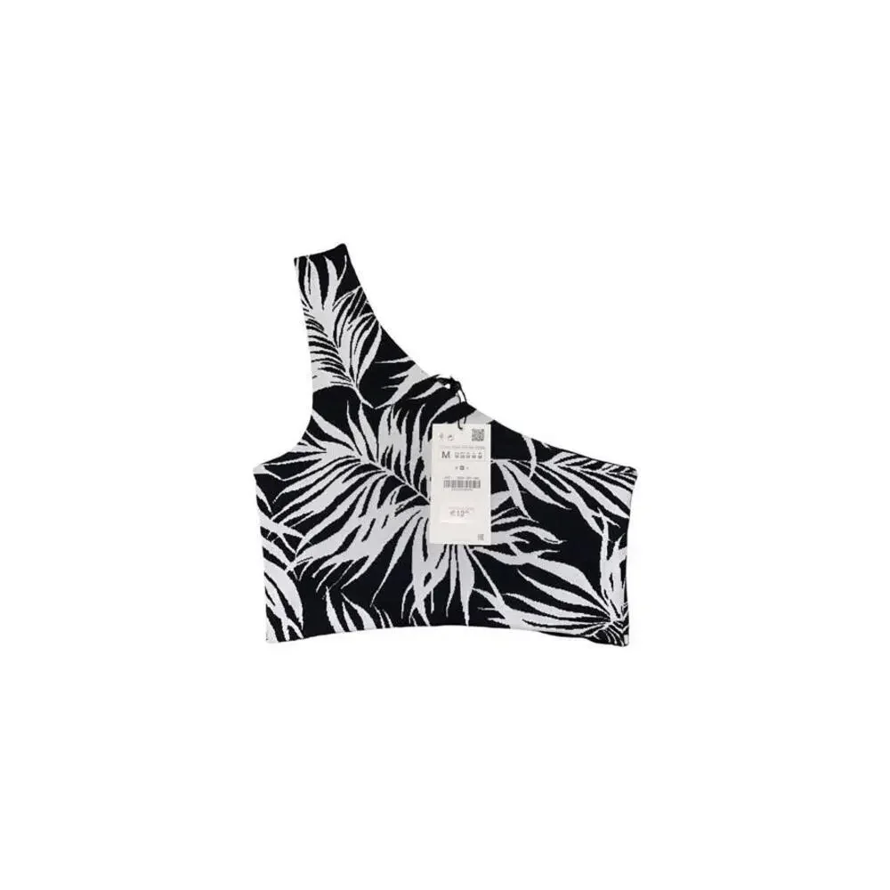 Zara Black & White Tropical  Sleeveless One Shoulder Crop Top. NWT. Medium - Picture 4 of 4
